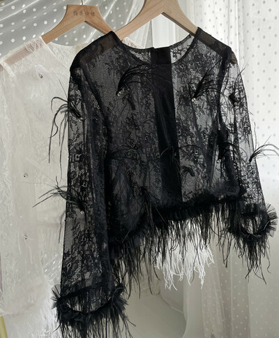 BLACK Feather Top Long Sleeve Crop Lace Top Outfit Custom Plus Size Wedding Guest Black top with feather trim on sleeves