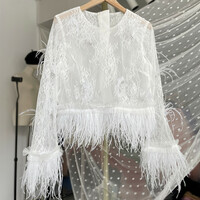 BLACK Feather Top Long Sleeve Crop Lace Top Outfit Custom Plus Size Wedding Guest Black top with feather trim on sleeves - Thumbnail 1