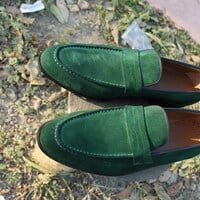 Crafted Leather Green Suede Leather Mens Flats Loafers Moccasin Formal Shoes - Thumbnail 1