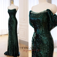 Green Sequin Prom Dress, Mermaid Party Dress, Detachable Off Shoulder Evening Gown, Sparkly Sequin Graduation Gown, Bridal Gown - Thumbnail 1