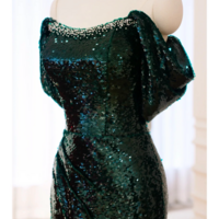 Green Sequin Prom Dress, Mermaid Party Dress, Detachable Off Shoulder Evening Gown, Sparkly Sequin Graduation Gown, Bridal Gown - Thumbnail 6