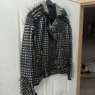Handmade black spiked studded waist belted men's leather punk style fashion jacket - Thumbnail 4