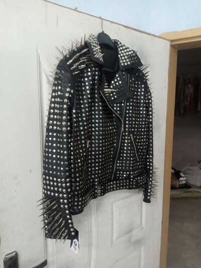 Handmade Black Spiked Studded Waist Belted Men's Leather Punk Style Fashion Jacket