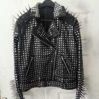 Handmade Black Spiked Studded Waist Belted Men's Leather Punk Style Fashion Jacket - Thumbnail 1