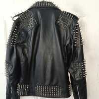 Handmade Black Spiked Studded Waist Belted Men's Leather Punk Style Fashion Jacket - Thumbnail 2