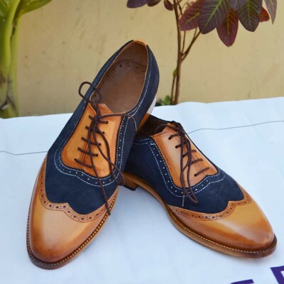 Crafted Leather Brown Blue Suede Leather Handmade Wingtip Oxford Dress Shoes