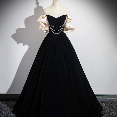 Black velvet long prom dress with pearls - Thumbnail 2