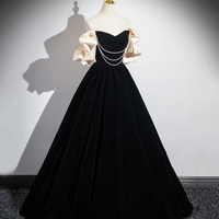 Black Velvet Long Prom Dress with Pearls - Thumbnail 1