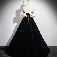 Black Velvet Long Prom Dress with Pearls - Thumbnail 3