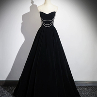 Black Velvet Long Prom Dress with Pearls - Thumbnail 2
