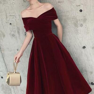 Hand made wine red off shoulder sweetheart tea length evening party dress velvet prom dress，995