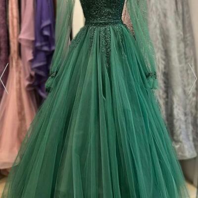 Green tulle beads long sleeve prom dress green evening dress，996