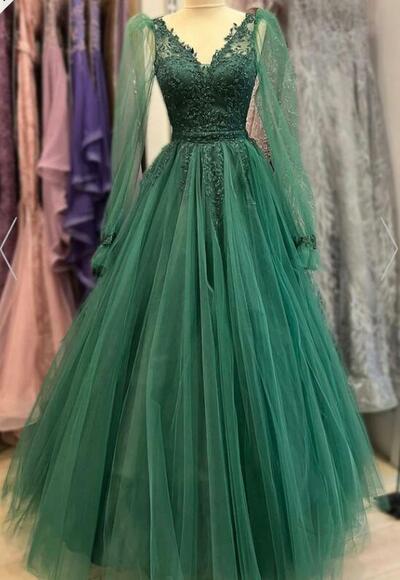 Green Tulle Beads Long Sleeve Prom Dress Green Evening Dress，996