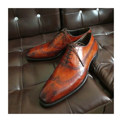 Made To Order Handmade Handcrafted Hand Painted Shoes for Mens Tailor Made Bespoke Tan Calf Shine Leather Lace-up Wingtip Oxford Men's Shoes