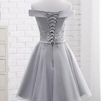 Simple Off Shoulder Grey Tulle Applique Bridesmaid Dresses, Knee Length Formal Dress, Party Dresses,998 - Thumbnail 1