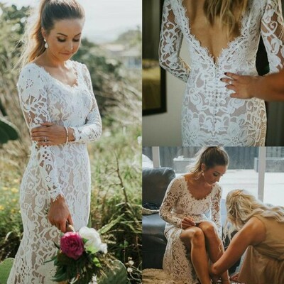 Gorgeous mermaid full lace wedding dresses elegant v neck backless bridal gowns bohemian plus size country long sleeve wedding dress,1663 - Thumbnail 1