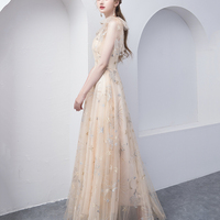 Champagne Tulle Long A-Line Prom Dress - Thumbnail 4