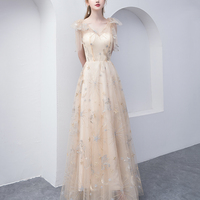 Champagne Tulle Long A-Line Prom Dress - Thumbnail 3