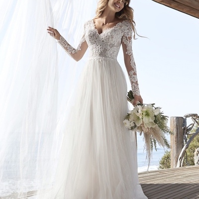 A line long sleeve bridal dresses wedding dress 2024 tulle lace long ivory vestido de novia open back,1695 - Thumbnail 1