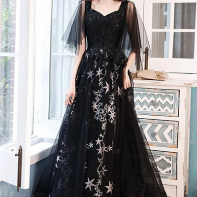Black beaded straps a line floor length party dress, black tulle long prom dress kpp1695