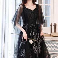 Black Beaded Straps A Line Floor Length Party Dress, Black Tulle Long Prom Dress KPP1695 - Thumbnail 1