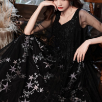 Black Beaded Straps A Line Floor Length Party Dress, Black Tulle Long Prom Dress KPP1695 - Thumbnail 2