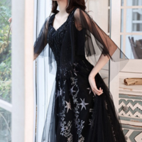 Black Beaded Straps A Line Floor Length Party Dress, Black Tulle Long Prom Dress KPP1695 - Thumbnail 3