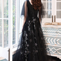 Black Beaded Straps A Line Floor Length Party Dress, Black Tulle Long Prom Dress KPP1695 - Thumbnail 4