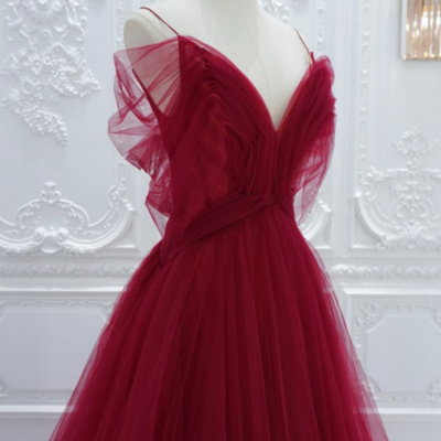 Wine red tulle v neckline long party dress, wine red tulle prom dress kpp1696