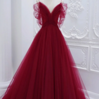 Wine Red Tulle V Neckline Long Party Dress, Wine Red Tulle Prom Dress KPP1696 - Thumbnail 1