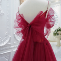 Wine Red Tulle V Neckline Long Party Dress, Wine Red Tulle Prom Dress KPP1696 - Thumbnail 2