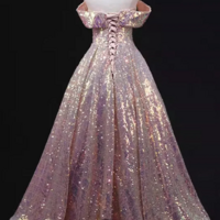 Pink Sequins Off Shoulder A line Long Prom Dress, Sequins Evening Dress KPP1697 - Thumbnail 3