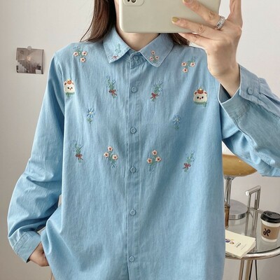 Cartoon Bear Embroidered denim Blouses