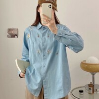 Cartoon Bear Embroidered denim Blouses - Thumbnail 1