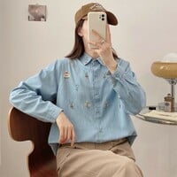 Cartoon Bear Embroidered denim Blouses - Thumbnail 3