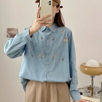 Cartoon Bear Embroidered denim Blouses - Thumbnail 4