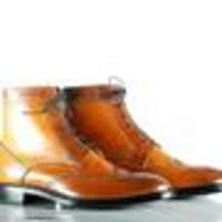 Handmade Men Tan Brown Leather Boots, Men’s Wing Tip Brogue Ankle High Boots, Mens boot - Thumbnail 1