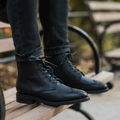 Handmade full-brogue wingtip leather boots, men high ankle boots for men