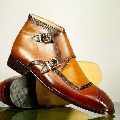 Handmade tan leather buckle boot, men's double monk strap pointed brogue toe boots