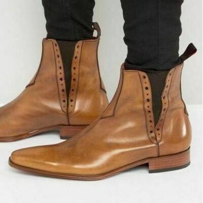 Handmade men tan color chelsea brogue ankle boots, men ankle leather boots