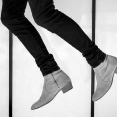 Handmade men light gray ankle boots, men suede leather side zip boots, men boots