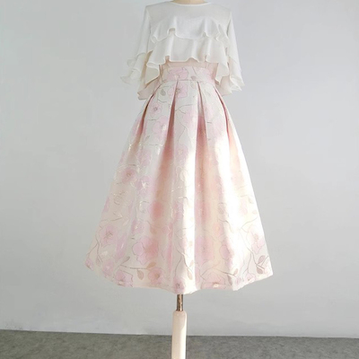 Pink floral midi pleated skirt outfit women custom plus size pleated midi skirt spring summer a-line party skirt