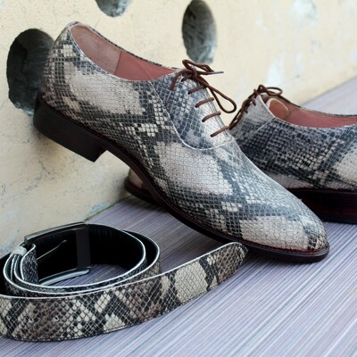 Crafted leather mens natural genuine python dress shoes with matching belt - Thumbnail 5