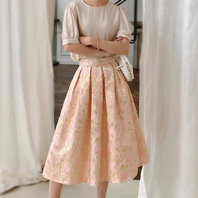 A-line champagne pink midi pleated skirt outfit women custom plus size high waisted pleated midi party skirts