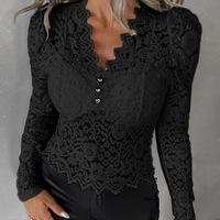 V-Neck Lace Long Sleeve Temperament Tops Shirts - Thumbnail 1
