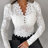 V-Neck Lace Long Sleeve Temperament Tops Shirts - Thumbnail 3