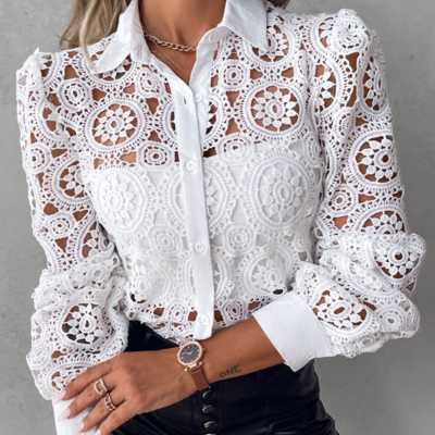 Solid color white lace long sleeve shirt top