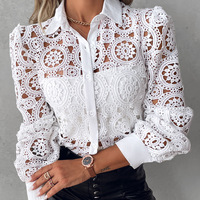 Solid Color White Lace Long Sleeve Shirt Top - Thumbnail 2