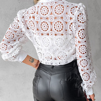 Solid Color White Lace Long Sleeve Shirt Top - Thumbnail 5