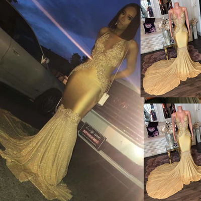Gold Prom Dresses Mermaid with Appliques Lace